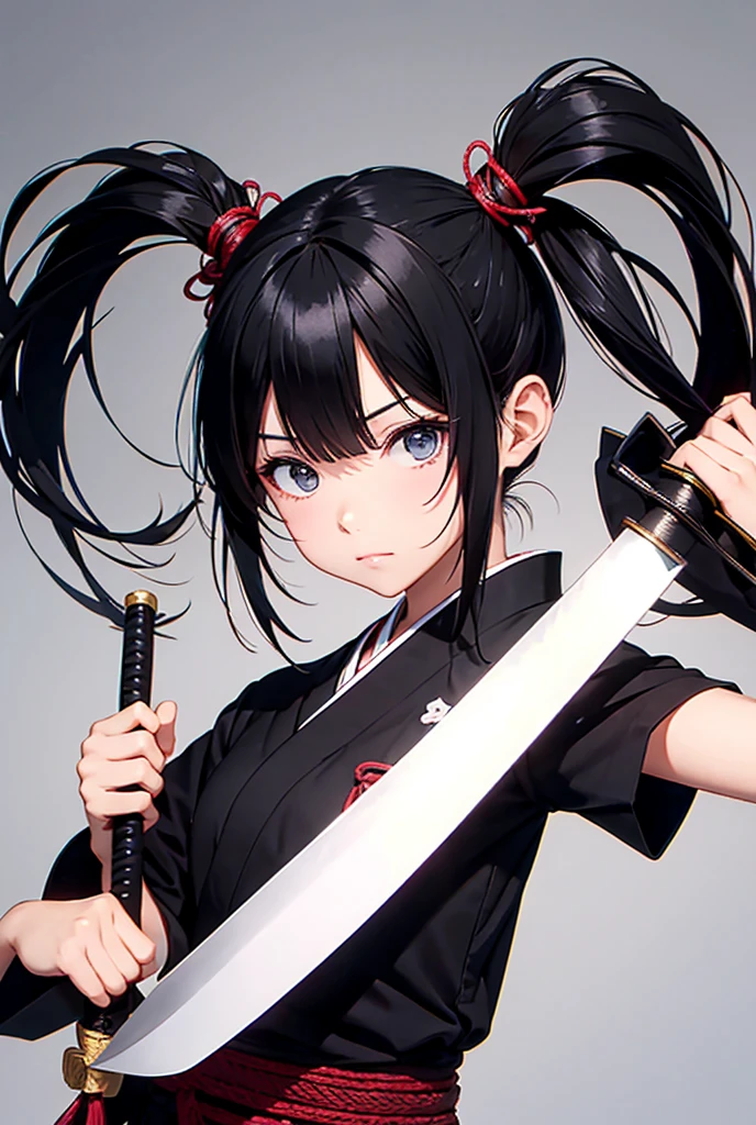 Twin tails, Black Hair, Simple Background, Japanese sword、Japanese sword