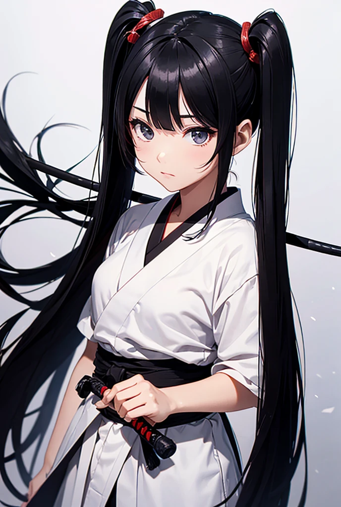 Twin tails, Black Hair, Simple Background, Japanese sword、Japanese sword