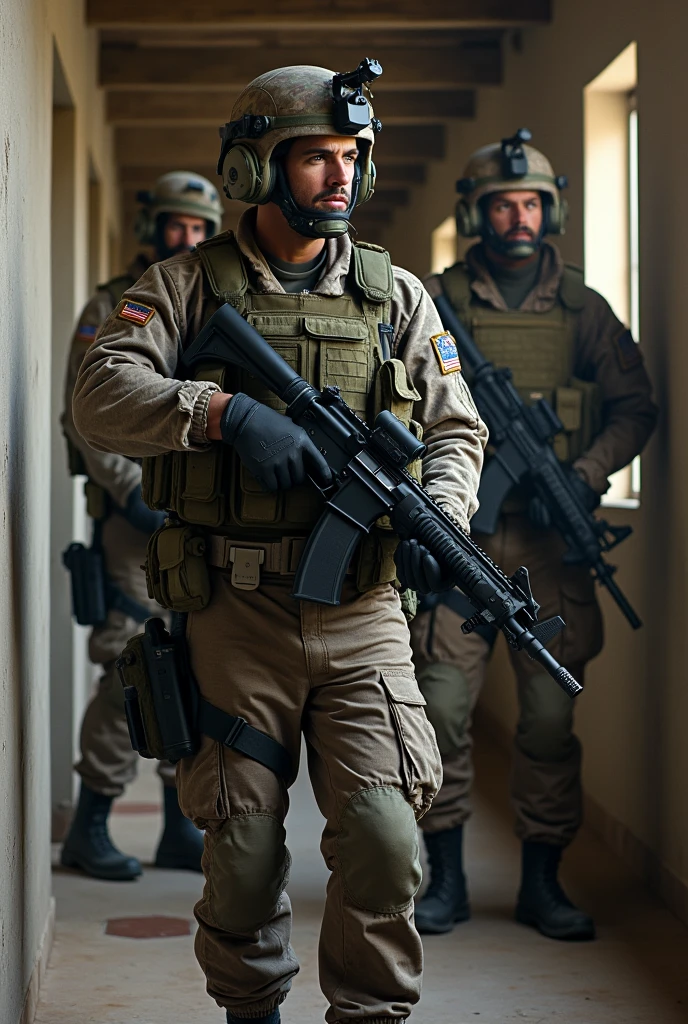 Realistic years 1991 old, 1st Special forces operational detachment Delta holding mk 18 mod 2 with 2 friends in building