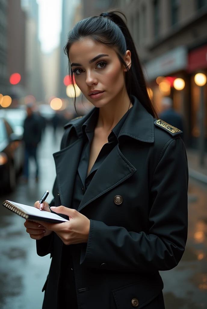 ultra realistic, photography, long black straight hair in a ponytail, elegant hair, (30 years old, hazel eyes, hourglass figure, perfect fit body, natural big breasts), firtatious look, femme fatale, long eyelashes, cat-eye make-up, she is dressed like a NYPD detective, under her trenchcoat her shirt is buttoned up, she is wearing high heels, she has a notepad in her hands, she is taking notes, ahe is at a homicide scene, full body picture, wide angle