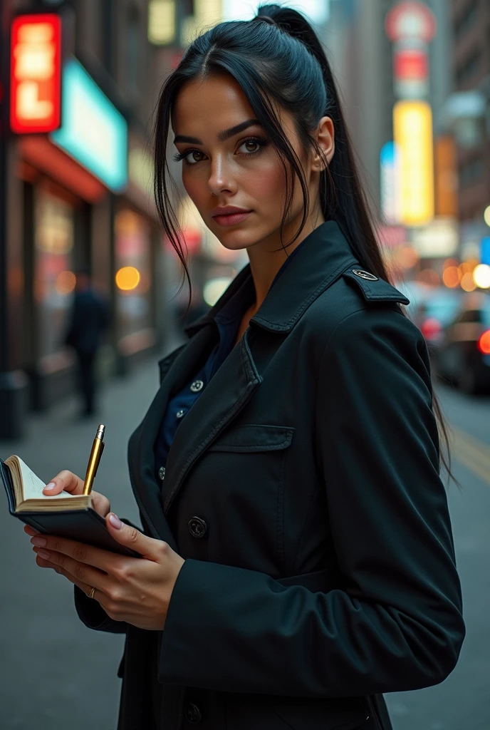 ultra realistic, photography, long black straight hair in a ponytail, elegant hair, (30 years old, hazel eyes, hourglass figure, perfect fit body, natural big breasts), firtatious look, femme fatale, long eyelashes, cat-eye make-up, she is dressed like a NYPD detective, under her trenchcoat her shirt is buttoned up, she is wearing high heels, she has a notepad in her hands, she is taking notes, ahe is at a homicide scene, full body picture, wide angle