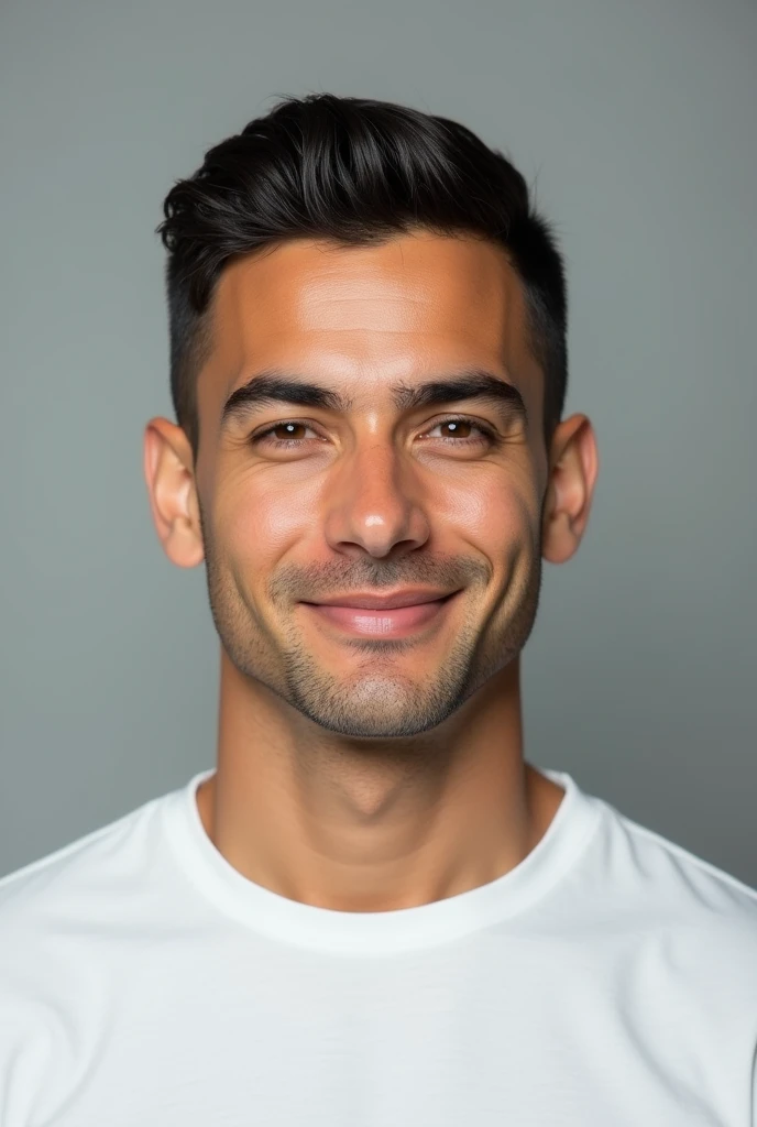 ((Hispanic man)), (Photo: 1.3) from (Photorealism: 1.3), frontal Close-up, soft light, clear face, business, warm light, white t-shirt, (gray and white background), (blank background), (gray wall background) avatar, (short hair), short hair, ((man)), (Closeup)