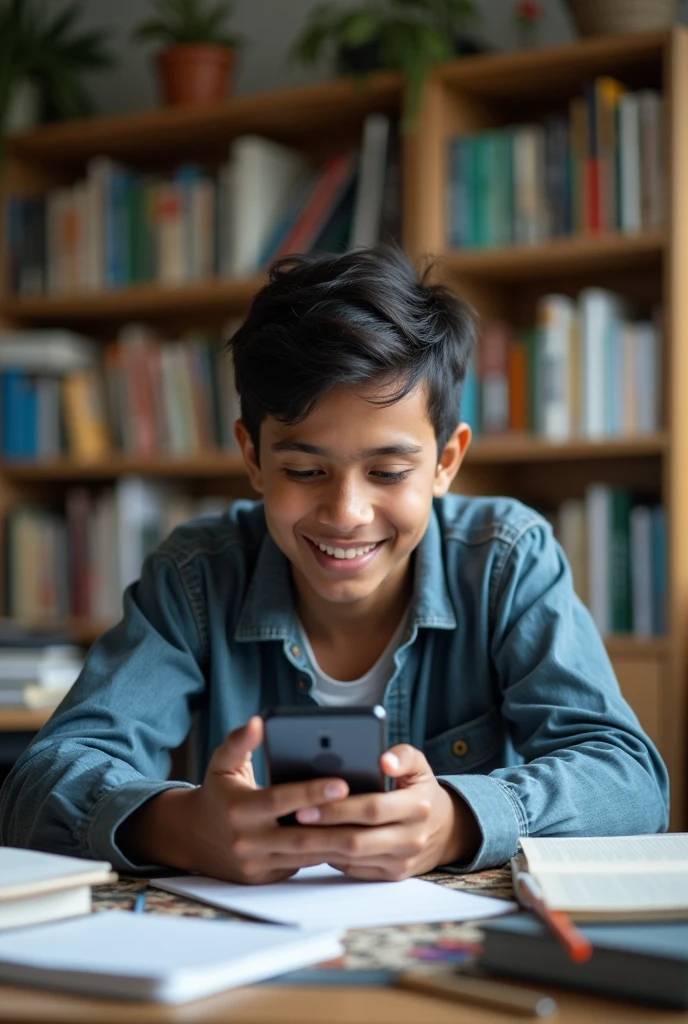 A 20-year-old Bangladeshi boy sitting at a study desk, holding a mobile phone horizontally in his hand. He is looking at the phone screen with a slight smile on his face, indicating both focus and enjoyment. The desk is cluttered with study materials such as textbooks and notebooks. The setting has a realistic, everyday feel with natural lighting illuminating the scene. The boy is dressed in casual clothing, and the image should have a lifelike quality, making it appear like a real photograph & full Realistic. image size 2000 pixel by 2000 pixel large image