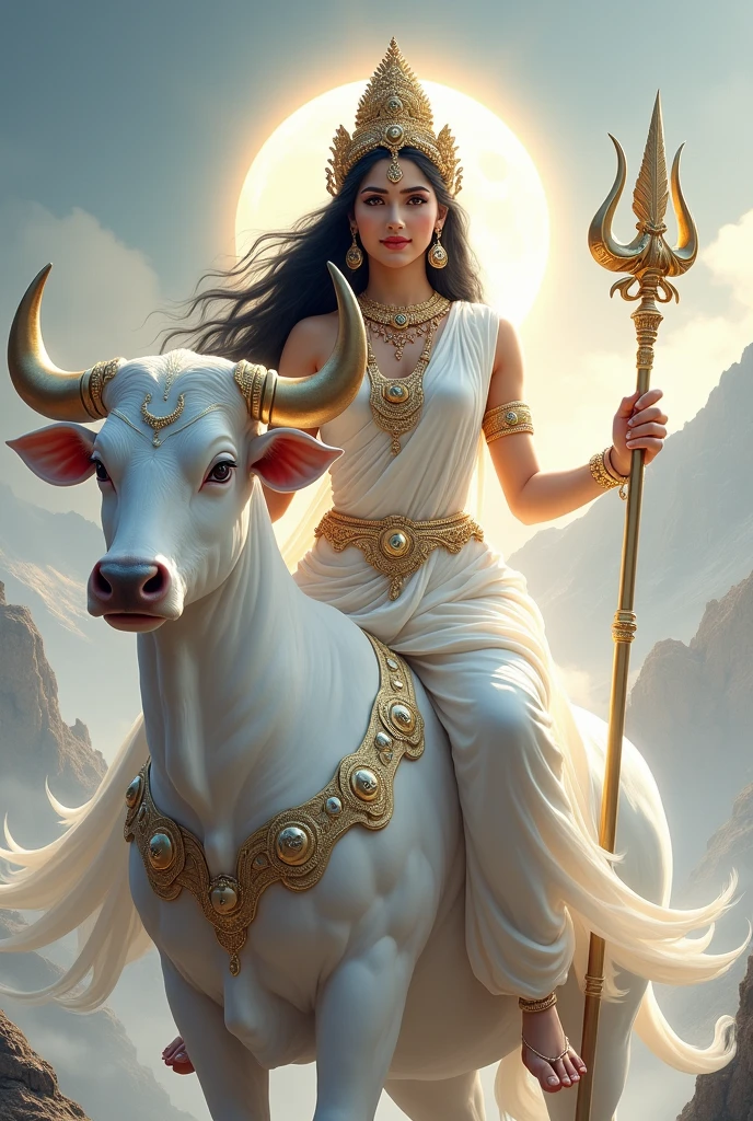 "Create an ultra-realistic image of the beautiful Goddess Mahagauri, daughter of Lord Himalaya, depicted in a pure white saree with a matching blouse. The saree should be elegant, should be intricately designed with delicate gold patterns that highlight her divine status and connection to the mountains. symbolizing her purity and divine nature, with subtle, delicate patterns that enhance her celestial presence. Her skin should be extremely fair, glowing with a soft, ethereal light that reflects her name, Mahagauri, meaning 'extremely fair.' Her face should be serene and exquisitely beautiful, with large, expressive eyes that radiate wisdom and compassion, and a gentle smile that conveys peace and grace, she has extremely very long hari, black floating hair, healthy hair.

She has only two hands. 
In her right hand, she holds a majestic trident.
In her left hand, she holds a musical instrument two-headed drum.

She should be seated on an extremely large and powerful pure white bull, symbolizing her title as Vrisharudha (वृषारूढ़ा), the one who rides the bull. The bull should be depicted with a strong, muscular build and a calm, majestic demeanor, reflecting its strength and the divine presence of the goddess. The bull's pristine white color should complement the goddess's own pure, glowing complexion.

The background should be a serene, celestial landscape, with soft, glowing light and elements like a conch, the moon, and white Kunda flowers, symbolizing her fair complexion. The scene should convey a sense of peace, purity, and divine grace. The overall image should capture the essence of Goddess Mahagauri’s beauty, purity, and divine power, presented in a highly realistic and detailed manner, with her mount emphasizing her strength and protective nature."