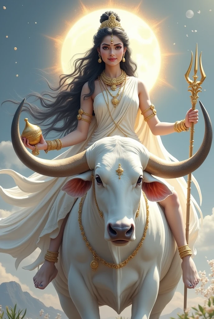 "Create an ultra-realistic image of the beautiful Goddess Mahagauri, daughter of Lord Himalaya, depicted in a pure white saree with a matching blouse. The saree should be elegant, should be intricately designed with delicate gold patterns that highlight her divine status and connection to the mountains. symbolizing her purity and divine nature, with subtle, delicate patterns that enhance her celestial presence. Her skin should be extremely fair, glowing with a soft, ethereal light that reflects her name, Mahagauri, meaning 'extremely fair.' Her face should be serene and exquisitely beautiful, with large, expressive eyes that radiate wisdom and compassion, and a gentle smile that conveys peace and grace, she has extremely very long hari, black floating hair, healthy hair.

She has only two hands. 
In her right hand, she holds a majestic trident.
In her left hand, she holds a musical instrument two-headed drum.

She should be seated on an extremely large and powerful pure white bull, symbolizing her title as Vrisharudha (वृषारूढ़ा), the one who rides the bull. The bull should be depicted with a strong, muscular build and a calm, majestic demeanor, reflecting its strength and the divine presence of the goddess. The bull's pristine white color should complement the goddess's own pure, glowing complexion.

The background should be a serene, celestial landscape, with soft, glowing light and elements like a conch, the moon, and white Kunda flowers, symbolizing her fair complexion. The scene should convey a sense of peace, purity, and divine grace. The overall image should capture the essence of Goddess Mahagauri’s beauty, purity, and divine power, presented in a highly realistic and detailed manner, with her mount emphasizing her strength and protective nature."