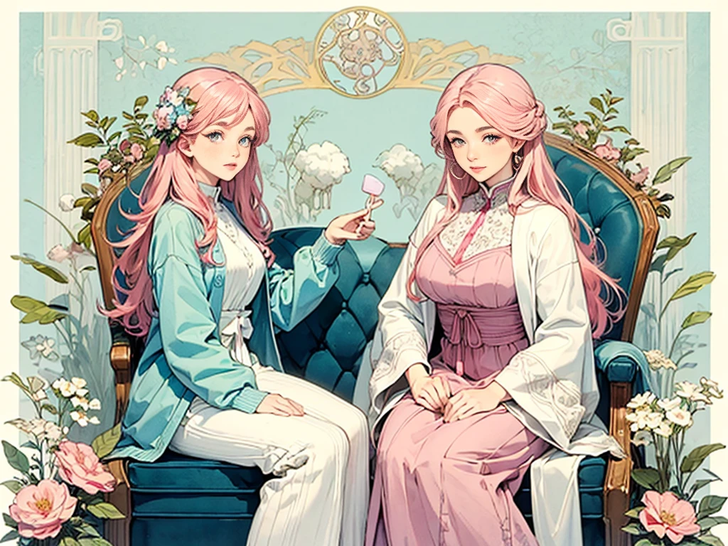 ((masterpiece)), (Highest quality), (Cinematic), Art Nouveau watercolor , Floral_background, Intricate designs and patterns in the style of Alphonse Mucha，\One Woman, Pink Hair, Long Hair, Cotton candy shaped hair, Fluffy hair, Thick eyebrows, Pink dress, Light blue cardigan, Sitting on a chair, Sheep next to\