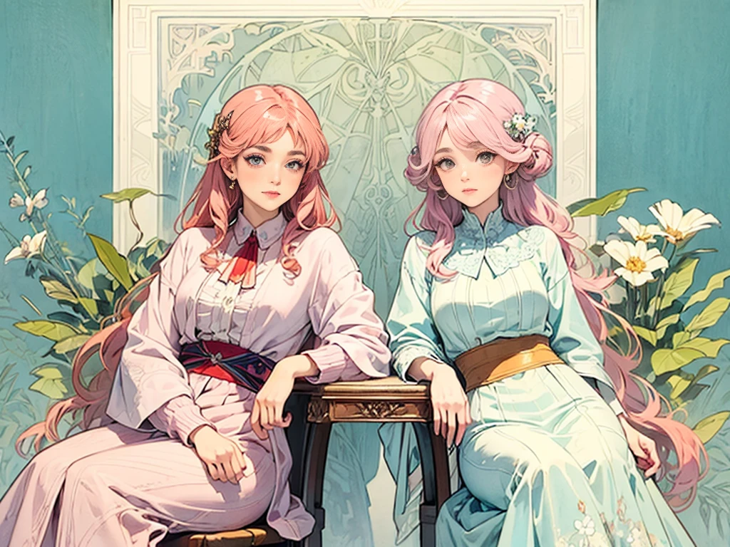 ((masterpiece)), (Highest quality), (Cinematic), Art Nouveau watercolor , Floral_background, Intricate designs and patterns in the style of Alphonse Mucha，\One Woman, Pink Hair, Long Hair, Cotton candy shaped hair, Fluffy hair, Thick eyebrows, Pink dress, Light blue cardigan, Sitting on a chair, Sheep next to\