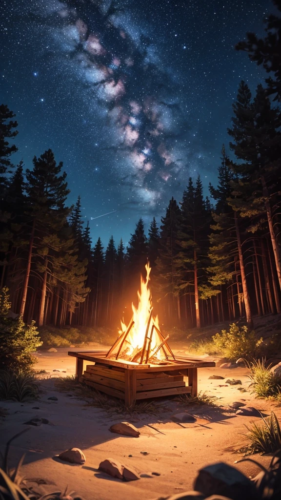 Create a serene nighttime camping scene set in a dense forest. The focal point should be two glowing triangular tents positioned on either side of a central campfire, with the firelight casting a warm glow on the surrounding grassy area. Towering pine trees encircle the campsite, adding a sense of seclusion and tranquility. Above, depict a deep blue night sky filled with countless stars and a few wispy clouds that reflect a soft light, evoking a peaceful and awe-inspiring atmosphere. The overall mood should be calm, peaceful, and deeply connected with nature.