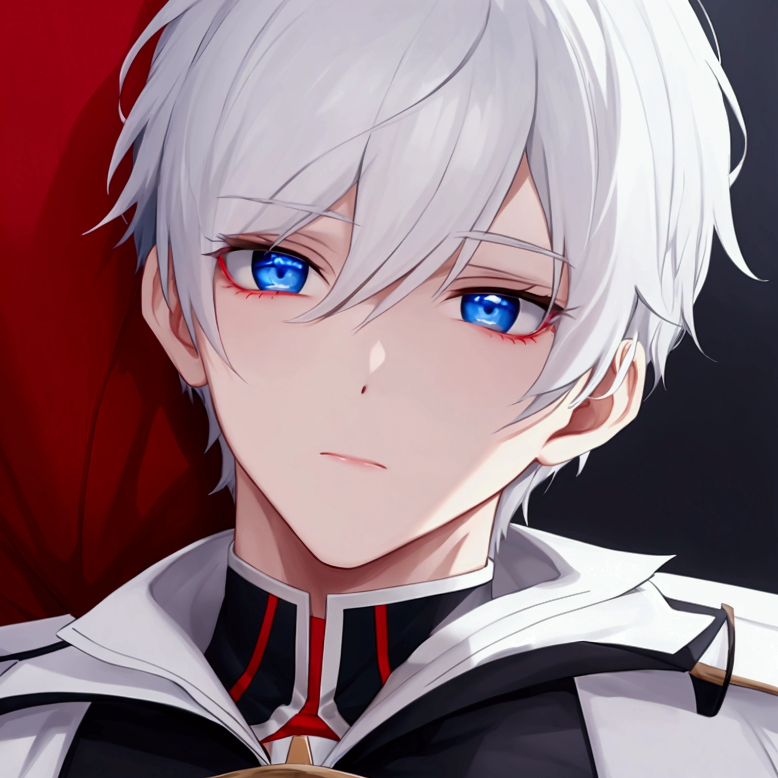 White-haired boy with blue eyes and red under his eyelids. 