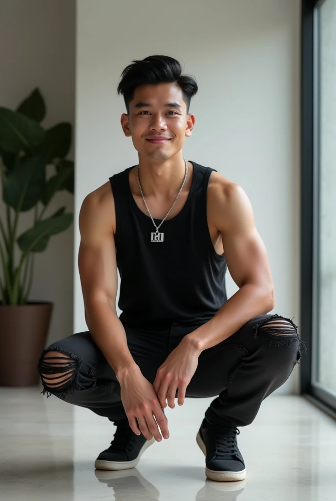 A handsome young man Indonesian, Body clean and white,wearing bright black tanktop, wearing A small silver necklace with the logo"LD", slightly Torn black jeans,black hair style, black sports shoes, slightly chubby, handsome,squatting, krim modern interior background