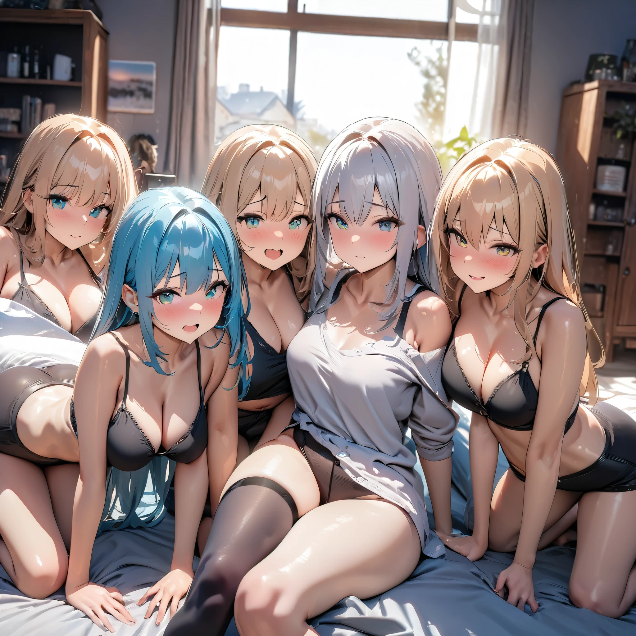 (masterpiece:1.2), (best quality,:1.2), 8K, HDR, Extremely detailed, ((Reality)),Five girls in bed，bedroom