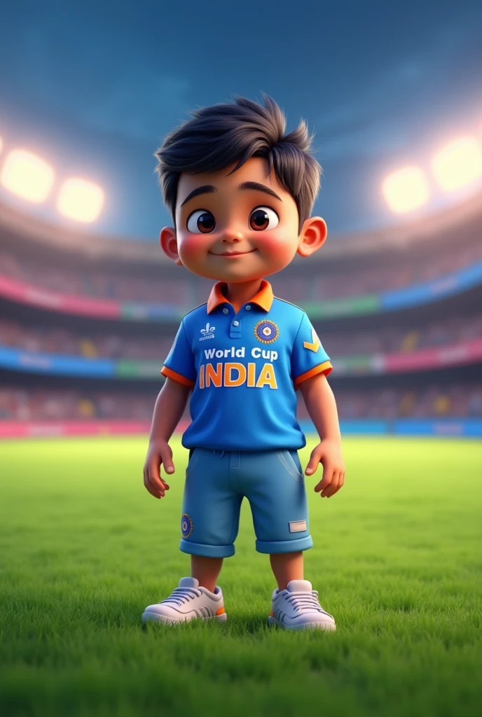 cute boy standing in cricket field, "wold cup" is written on his back, he is wearing jersey of india teme, name " ANUP " is written on it and jersey number is 93,he is bollor lights are in background, 3d image