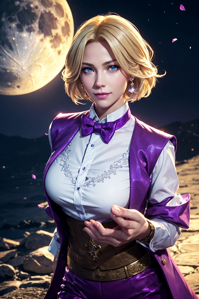 KOF,King of Fighters,King,Blue Eyes,Blonde Hair,Medium Hair,White long shirt,Purple vest,A bow tie,Beautiful white skin,Photorealistic,Ultra HD,high quality,masterpiece,Digital SLR,Detailed details,Intricate details,Anatomical basis,Depicted in detail,A detailed face,Realistic skin texture,Vivid details,Perfect Anatomy,Perfect Anatomy,Anatomically correct hand,Anatomically correct fingers,Super Detail,Complex 3D rendering,Sexy pose,Fantasy worldview,Beautiful Full Moon,,Beautiful night sky,Purple rose petals fluttering,Picturesque,Pink Lips,smile,