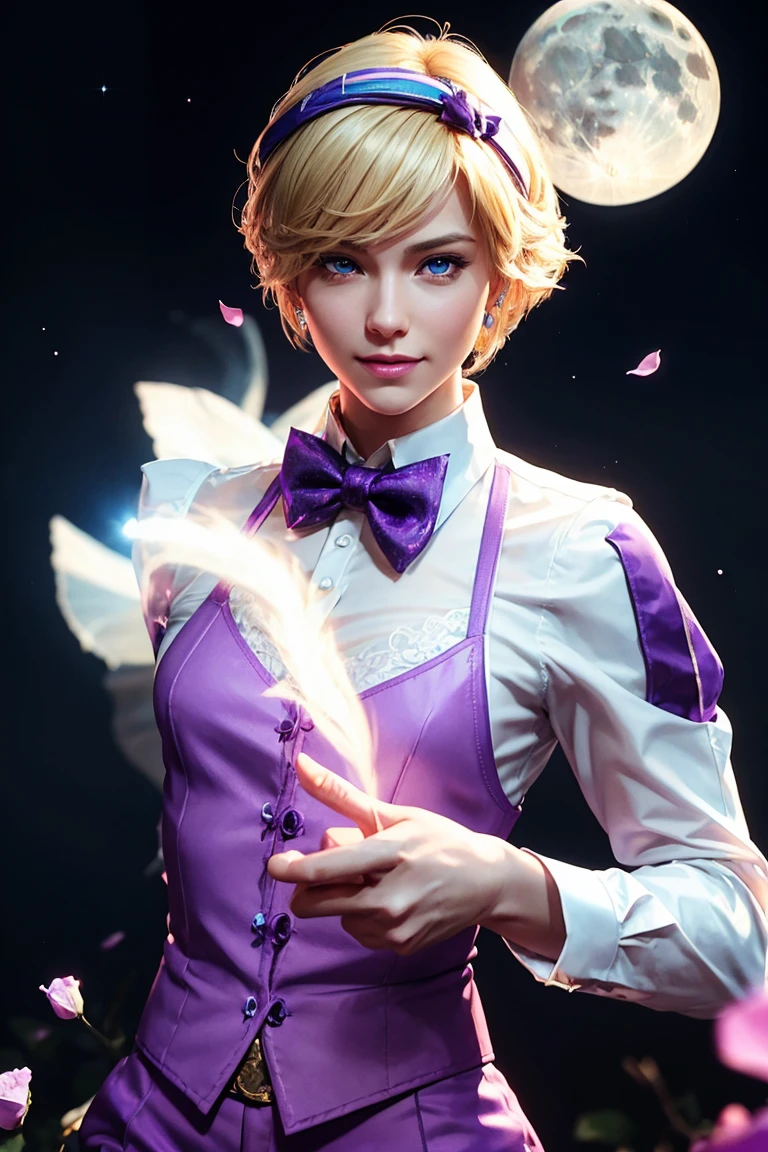 KOF,King of Fighters,King,Blue Eyes,Blonde Hair,Medium Hair,White long shirt,Purple vest,A bow tie,Beautiful white skin,Photorealistic,Ultra HD,high quality,masterpiece,Digital SLR,Detailed details,Intricate details,Anatomical basis,Depicted in detail,A detailed face,Realistic skin texture,Vivid details,Perfect Anatomy,Perfect Anatomy,Anatomically correct hand,Anatomically correct fingers,Super Detail,Complex 3D rendering,Sexy pose,Fantasy worldview,Beautiful Full Moon,,Beautiful night sky,Purple rose petals fluttering,Picturesque,Pink Lips,smile,