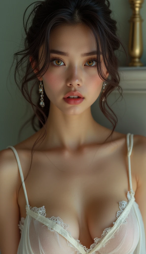 A cute girl with fiery eyes. She is beautiful., Firm, bouncy breasts in a nightgown that reveals deep cleavage and alluring pink nipples.