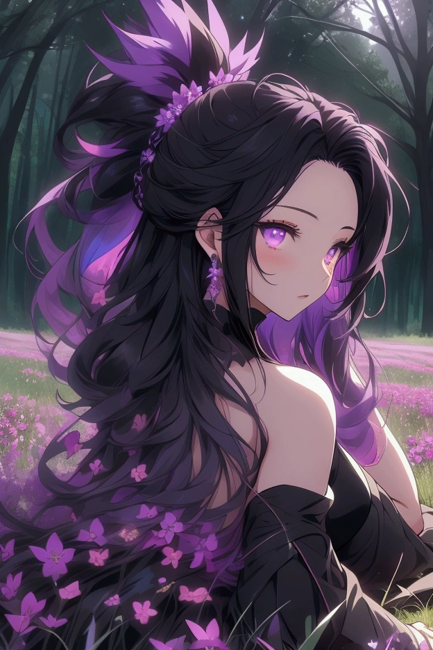 Beautiful anime woman, mature, long wavy black hair, purple eyes, ponytail, black dress, laying down, facing up, field of flowers, night time, enchanted forest, moonlight, colorful, ethereal