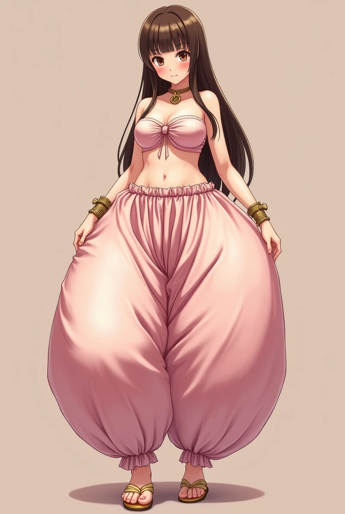 Pretty Japanese girl with super colossal breasts, anime style, solo, fullbody shot, brown eyes, brown long hair, straight hair, hime cut, blunt bangs, blunt tips, hourglass figure, gigantic cleavage breasts, J-Cup breasts, (Insanely huge gigantic breasts, ginormous breasts:1.6), wearing an Arabian outfit consisting of humongous inflatable satin full length princess Jasmine-style harem pantaloons with her belly button completely exposed, gold dance flats, gold bracelets, and a simple satin strapless bra. The outfit is light pink and the pants are extremely puffy and completely round and completely spherical, (Best quality:1.3).