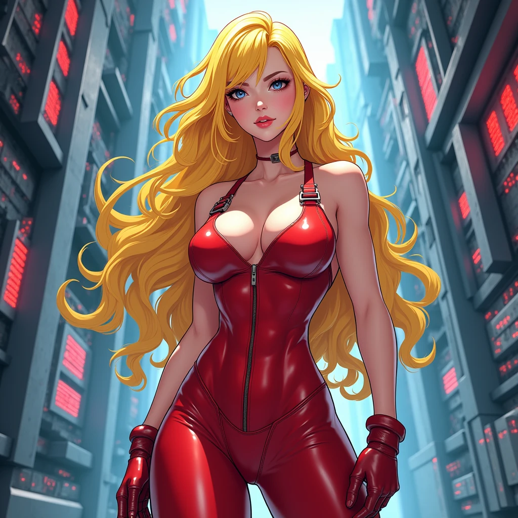 BLONDE WOMAN STANDING FRONT, MUSCULOUS, SENSUAL, YELLOW BLONDE HAIR, RED LATEX OVERALLS ,Create a COLORFULL-clothed female anime character in a bot model