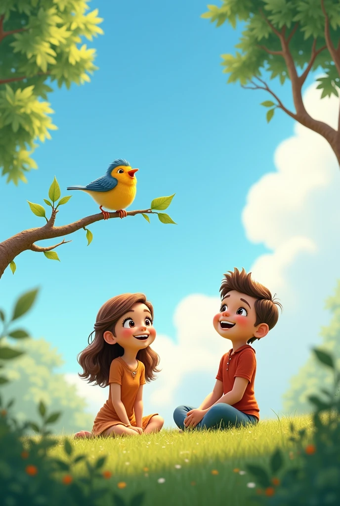 The bird is perched on the branch, singing joyfully. Anna and Tamma are sitting on the grass, listening with big smiles on their faces. The background shows a bright sky with soft, fluffy clouds, and the scene is peaceful and happy.