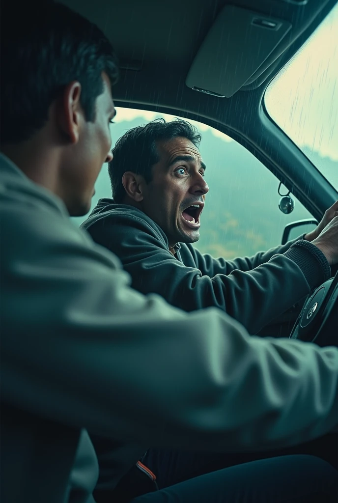 cinematic, photorealistic film poster of a man driving a car, who just met with an accident, shocked, terrified, scared, front face, profile, mid close up shot, hand in steering, Darjeeling, monsoon, heavy fog, rainfall, wrecked bumper, evening
