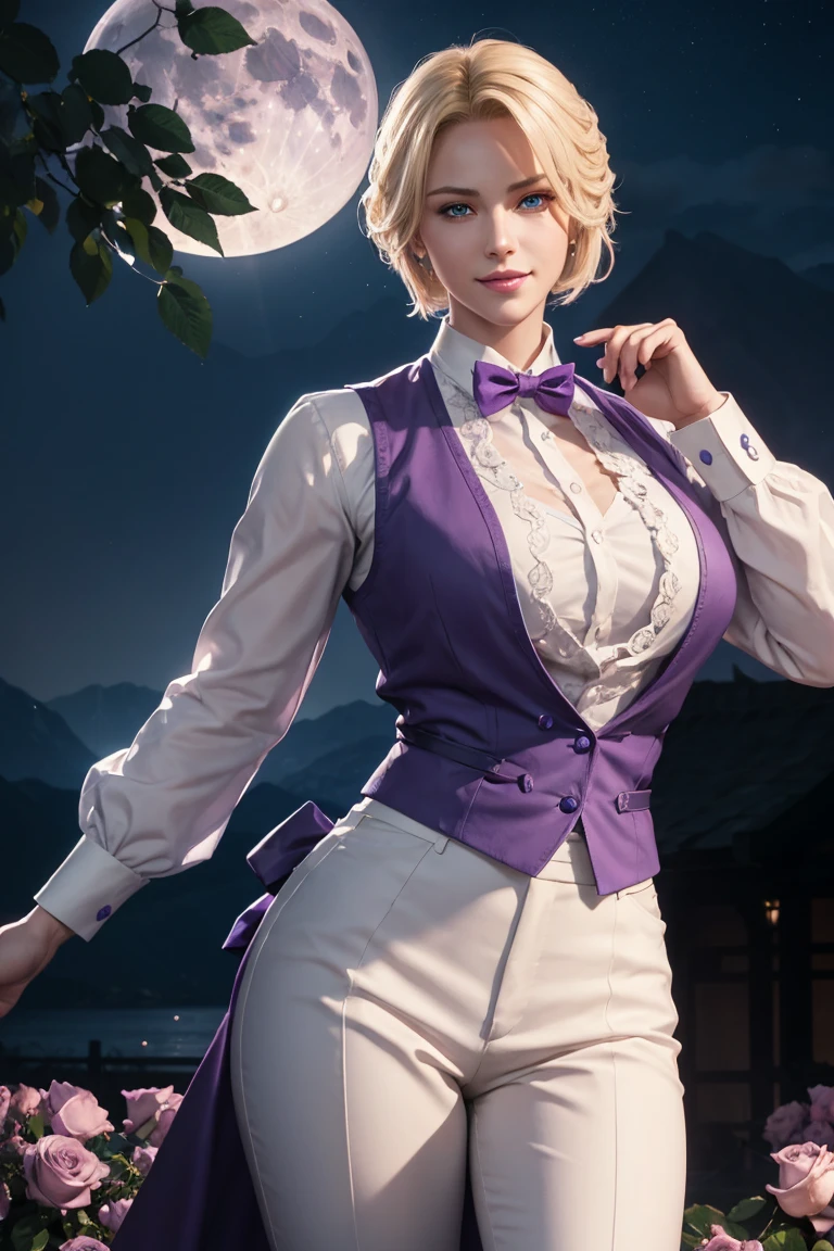 KOF,King of Fighters,King,Blue Eyes,Blonde Hair,Medium Hair,White long shirt,Purple vest,A bow tie,Beautiful white skin,Photorealistic,Ultra HD,high quality,masterpiece,Digital SLR,Detailed details,Intricate details,Anatomical basis,Depicted in detail,A detailed face,Realistic skin texture,Vivid details,Perfect Anatomy,Perfect Anatomy,Anatomically correct hand,Anatomically correct fingers,Super Detail,Complex 3D rendering,Sexy pose,Fantasy worldview,Beautiful Full Moon,,Beautiful night sky,Purple rose petals fluttering,Picturesque,Pink Lips,smile,