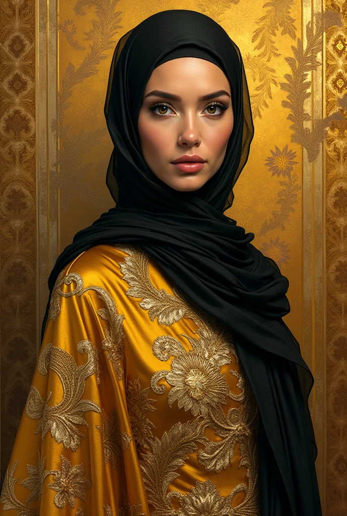 An artistic image of a woman wearing hijab and dressed in the style of Gustav Klimt, featuring bold, golden patterns and intricate decorative elements on her gown. Emulate Klimt’s art style using a wet ink technique to create a visually striking effect. The scene is set indoors with ambient lighting that enhances the golden hues of the dress. The woman stands gracefully against a background filled with decorative elements and golden accents. Experiment with various camera angles to capture the richness and detail characteristic of Klimt's work.