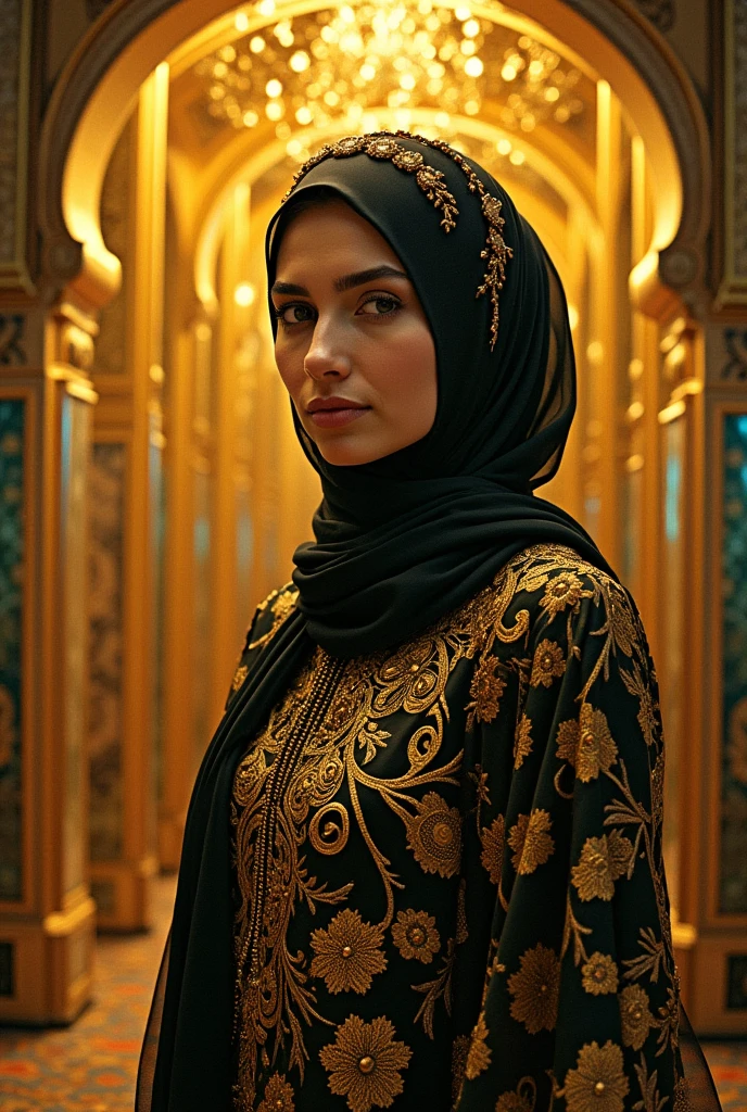 An artistic image of a woman wearing hijab and dressed in the style of Gustav Klimt, featuring bold, golden patterns and intricate decorative elements on her gown. Emulate Klimt’s art style using a wet ink technique to create a visually striking effect. The scene is set indoors with ambient lighting that enhances the golden hues of the dress. The woman stands gracefully against a background filled with decorative elements and golden accents. Experiment with various camera angles to capture the richness and detail characteristic of Klimt's work.