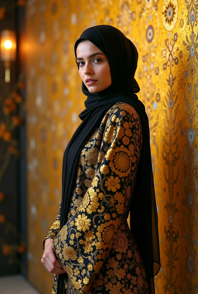 An artistic image of a woman wearing hijab and dressed in the style of Gustav Klimt, featuring bold, golden patterns and intricate decorative elements on her gown. Emulate Klimt’s art style using a wet ink technique to create a visually striking effect. The scene is set indoors with ambient lighting that enhances the golden hues of the dress. The woman stands gracefully against a background filled with decorative elements and golden accents. Experiment with various camera angles to capture the richness and detail characteristic of Klimt's work.
