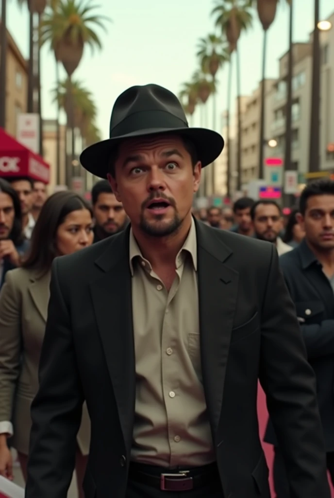 a movie star similar to Leonarfo Di Caprio in hat walking on Hollywood Walk of Fame suddenly got scared as if I saw something scary