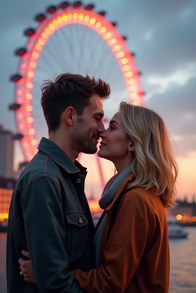 (photorealism:1.2), A couple hugging in front of the London Eye, taking a profile selfie man brown hair and eyes, blonde woman with green eyes 8k ultra realistic