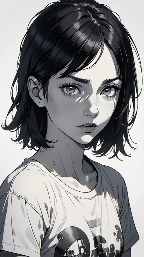 1 boyish girl, solo, sharp eyes, monochrome, greyscale, short black hair, portrait, white T-shirt, closed mouth, looking at viewer, graphite \(medium\), detailed lips, hatching \(texture\), without makeup, bangs, upper body, (best illustration), (best quality), (very detailed), (masterpiece), expressionless,