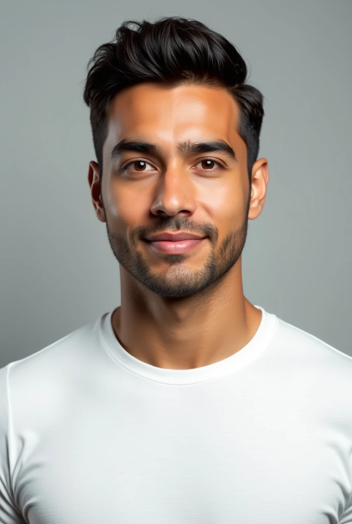 ((Hispanic man)), (Photo: 1.3) from (Photorealism: 1.3), frontal Close-up, soft light, clear face, business, warm light, white t-shirt, (gray and white background), (blank background), (gray wall background) avatar, (short hair), short hair, ((man)), (Closeup)