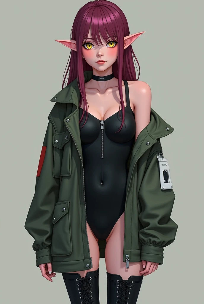 A girl with dark pink/ maroon hair, yellow eyes, fair skin, she is wearing a black body suit with a zipper in the front but an oversized army jacket over top, she also has black combat boots on. She also has natura pointy elf ears. She has a pleasant expression on her face. She is happy and calm. Her hair is very long.