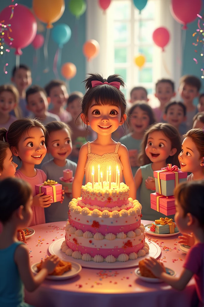 girl birthday party with lots of guest and gifts . With A big cake