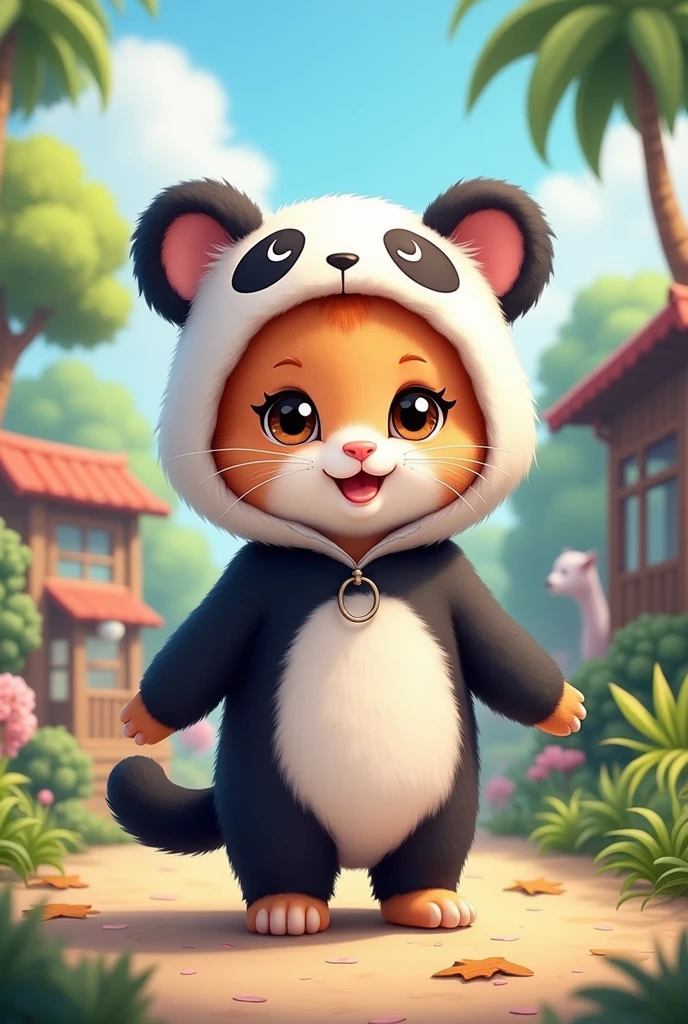 kitten　cute　Panda costume　Zoo background　Illustrated style
