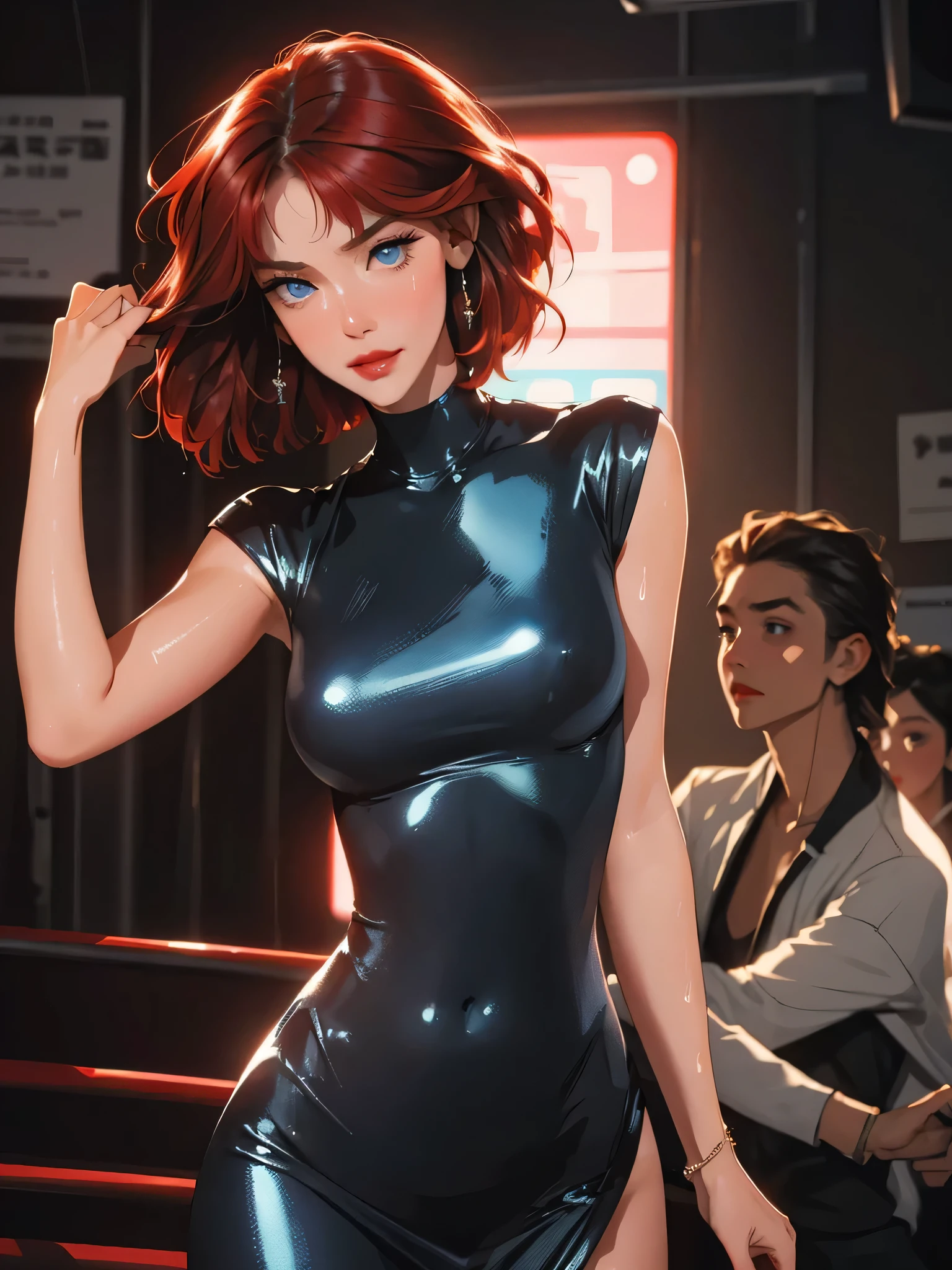 1girl,a beautiful fashion model ,(masterpiece, detailed background, best quality),short and shiny hair, red hair, hair with highlights, bangs, smirk,juicy lips,red lips, calmart, lingerie, stripping, elegant makeup, blue eyes, full body shot, (shiny skin), cyberpunk, sci fi, boa, extravagant jewelry, cocky expression, covered in jewelry, fancy, club outfit, shiny skin, wet skin. running hand through hair, leaning on wall, hair flip, sweat, dj, lights, beat spins you round, (((dance club)))