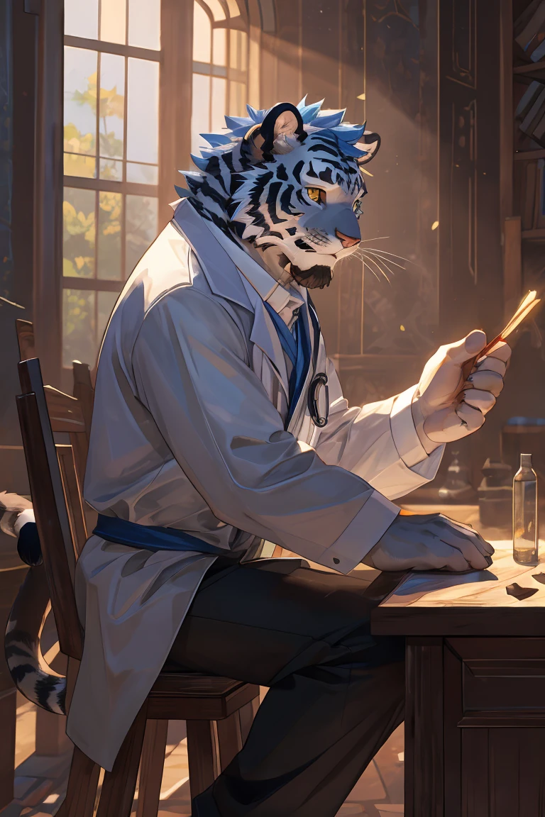 best quality，Ultra HD，Second dimension style，Upper Body，Zoom in on the character，The most exquisite eyes［The most exquisite eyes：2.1］，Exquisite facial features，In the ruins，Sitting at a wooden table and conducting a chemical experiment，doctor，male，White Tiger［White Tiger：2.3］，Not physically fit，Excited expression，There is a patch of blue hair on the face，Golden Eyes，White long coat，Black trousers