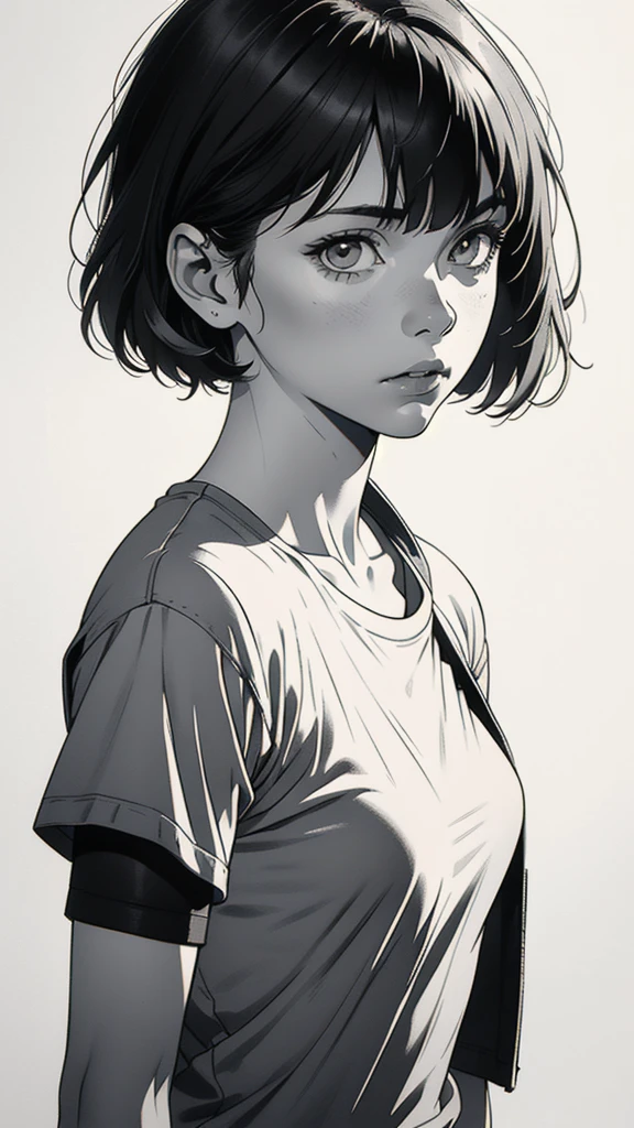 1 boyish girl, solo, sharp eyes, monochrome, greyscale, short black hair, portrait, white T-shirt, closed mouth, looking at viewer, graphite \(medium\), detailed lips, hatching \(texture\), without makeup, bangs, upper body, (best illustration), (best quality), (very detailed), (masterpiece), expressionless,