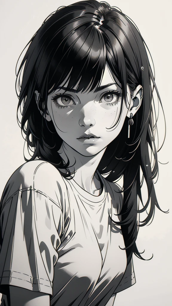 1 boyish girl, solo, sharp eyes, monochrome, greyscale, short black hair, portrait, white T-shirt, closed mouth, looking at viewer, graphite \(medium\), detailed lips, hatching \(texture\), without makeup, bangs, upper body, (best illustration), (best quality), (very detailed), (masterpiece), expressionless,