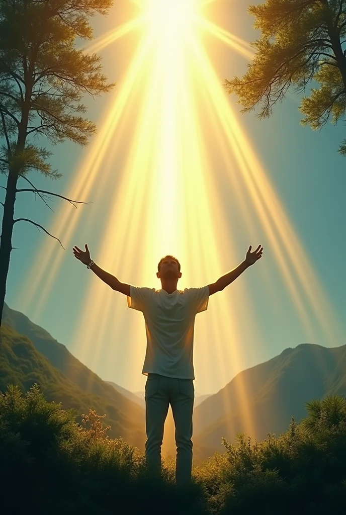 CREATE AN IMAGE OF A MAN IN THE MIDDLE OF NATURE WITH HIS ARMS RAISED TOWARDS THE BLUE SKY RECEIVING DIVINE LIGHT AS A HEALING MIRACLE
