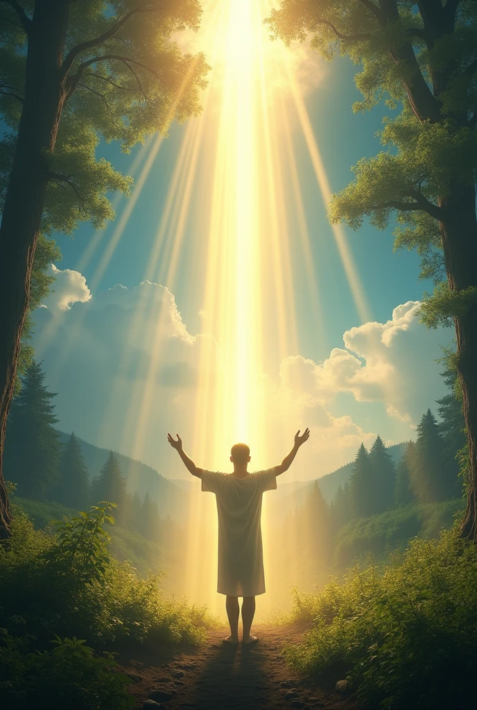 CREATE AN IMAGE OF A MAN IN THE MIDDLE OF NATURE WITH HIS ARMS RAISED TOWARDS THE BLUE SKY RECEIVING DIVINE LIGHT AS A HEALING MIRACLE