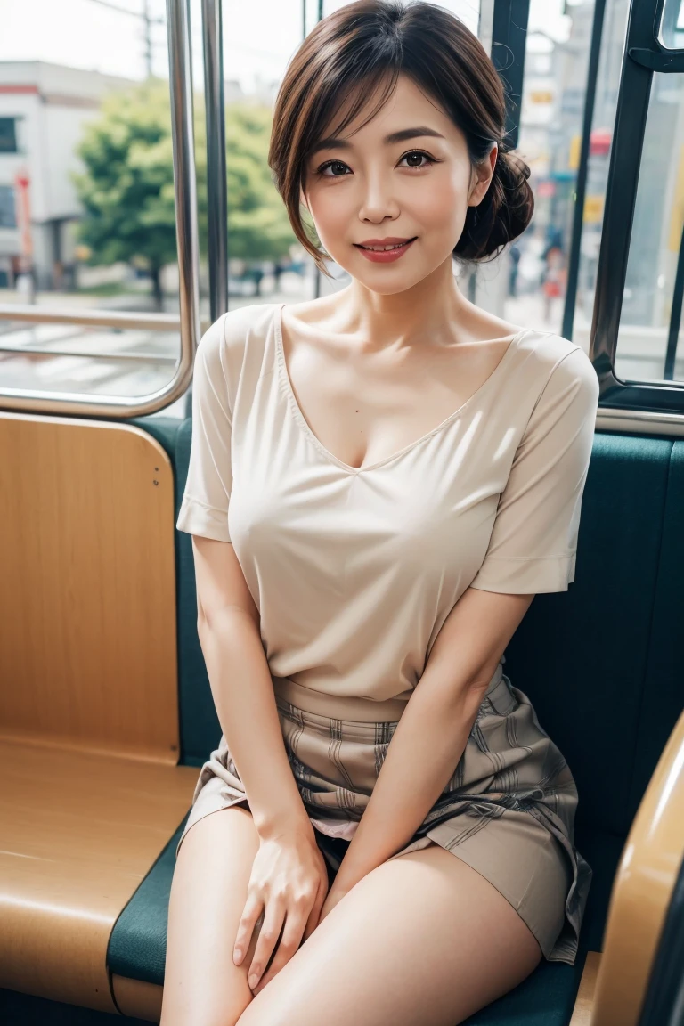 (Highest quality)、(High resolution)、(Ultra-detailed photos)、(Ultra-realistic texture)、(Illuminated subject)(8k images)(Clear Photography)(Real Photo) (Mature Japanese Woman)(Beautiful middle-aged mature woman with her hair tied in a caramel-colored chignon)(40-year-old beautiful middle-aged woman)(Elegant and well-proportioned face)(Long face)(Long and narrow face)(Thick lips)(Thin tree, small nose)(Long jaw) (Her outfit is a light-colored top and a neat, chic and elegant skirt.) (Look at everyone with a refreshing and loving smile) (Men are captivated by her charms) (She is outdoors)(She poses elegantly and cutely in various locations.)(Walking through the crowds of the city)(Drinking coffee at a cafe)(Shop)(Sit on the grass in the park)Playing on the swings at the show)(sit in a train seat)(Take a seat on the bus)(NSFW skirt lift)(NSFW see-through sexy panties exposed)