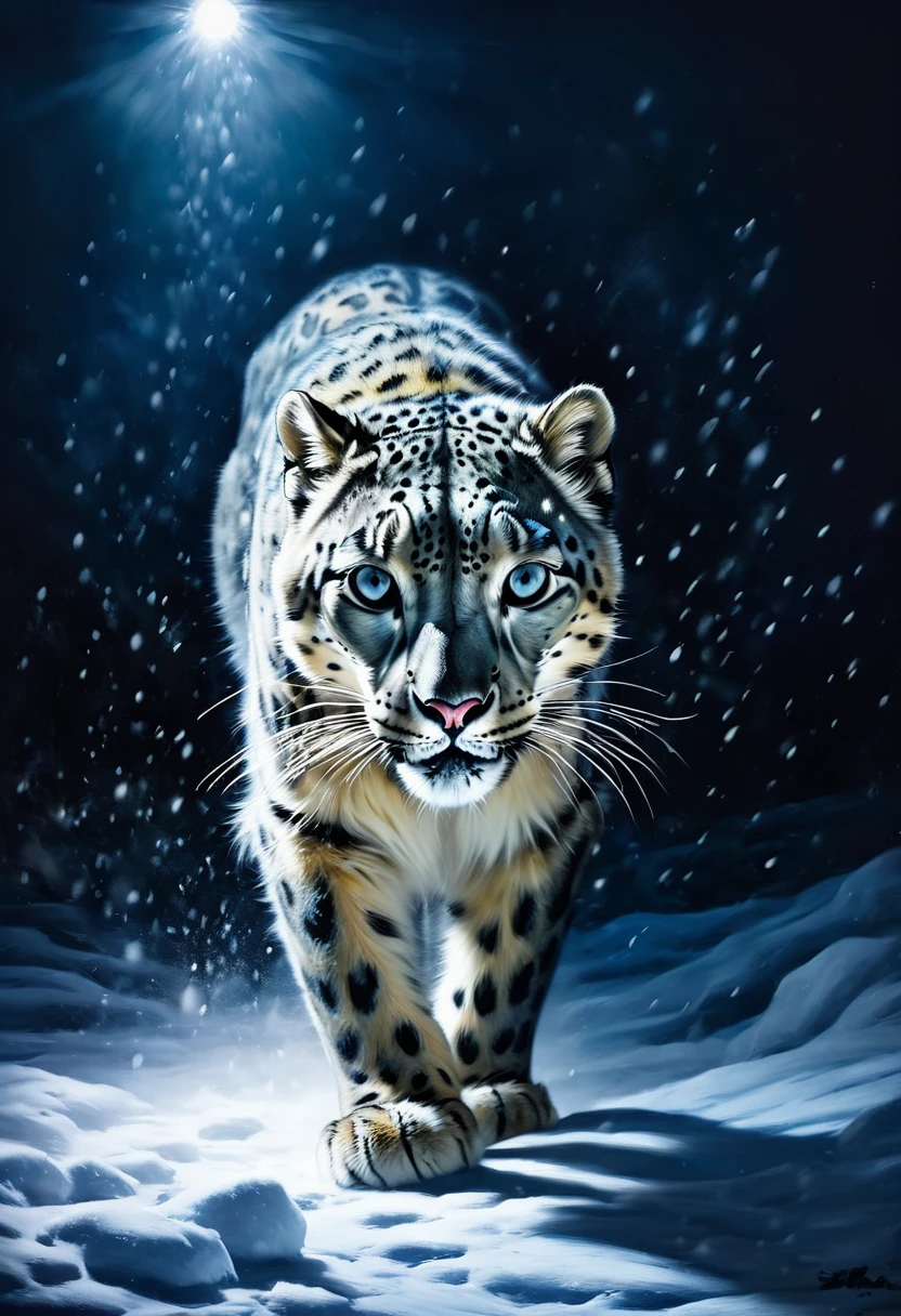 painting of a snow leopard aggressively hunts stalks prey at night, dark atmosphere, cinematic scene, volumetric lights, ultra realistic, in the style of nicola samori