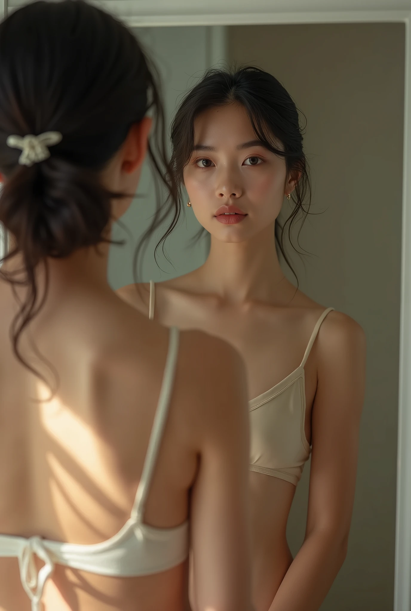 Japanese girl naked in the mirror showing her vagina