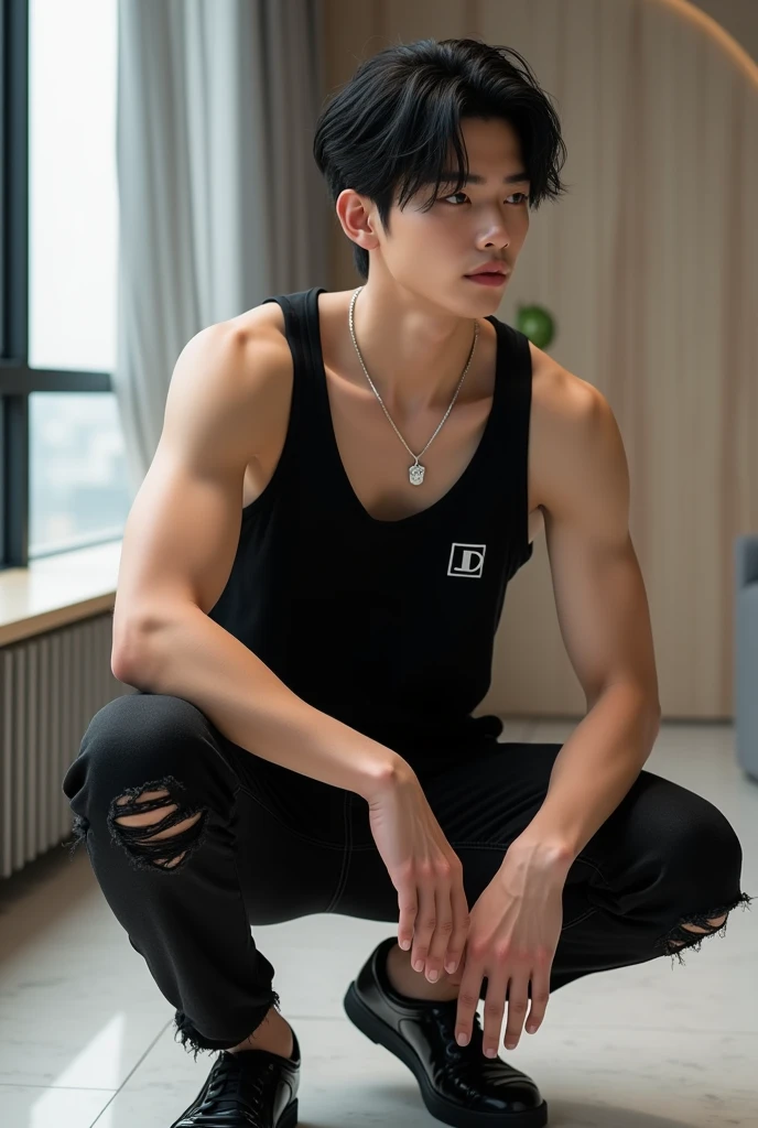 A handsome young man South Korea , Body clean and white,wearing bright black tanktop, wearing A small silver necklace with the logo"LD", slightly Torn black jeans,black hair style, black sports shoes, slightly chubby, handsome,squatting, krim modern interior background
