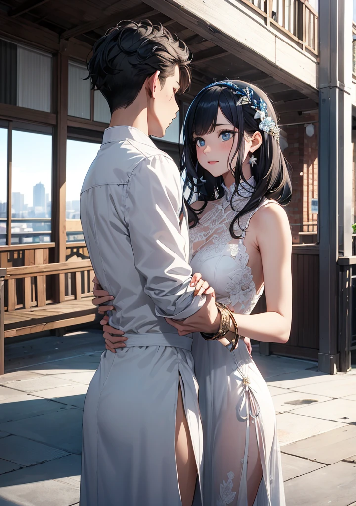 They stood on the wooden deck,There was a man and a woman, Guviz-style artwork, trending on cgstation, Guviz, WLOP and Sakimichan, couple pose, Smooth anime CG art, sakimichan and frank franzzeta, Realistic anime 3 D style, High quality work, trending at cgstation