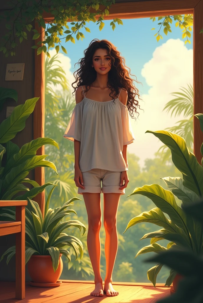 Sri Lankan sinhala style, rural woman, standing on garden, wearing loose off-shoulder top, pajama short pants, long curly hair, indoors and outdoor mix, soft lighting, plants in background, sky with sunlight, cozy Waranda, realistic, intricate details, warm colors, anime style