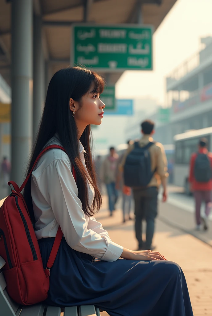 In pakistan A girl with her college bag and in her uneversity uniform sitting on a bench at bus station waiting for the bus her name written on her bag like a tattoo