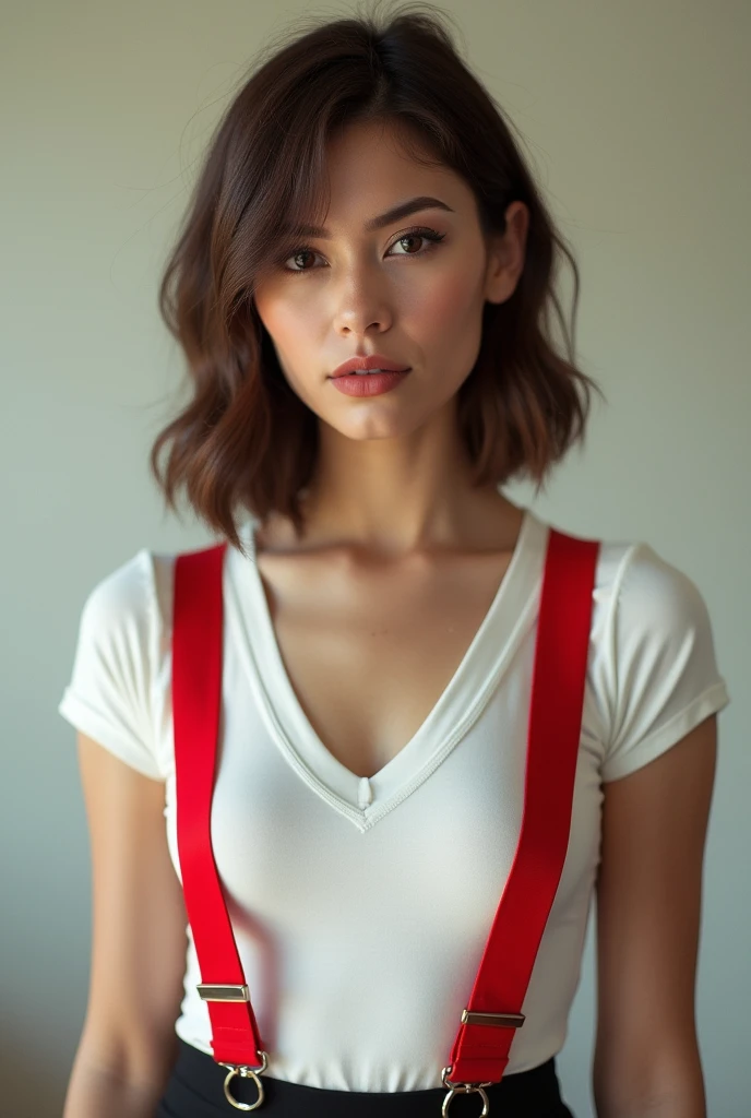 woman wearing red suspenders