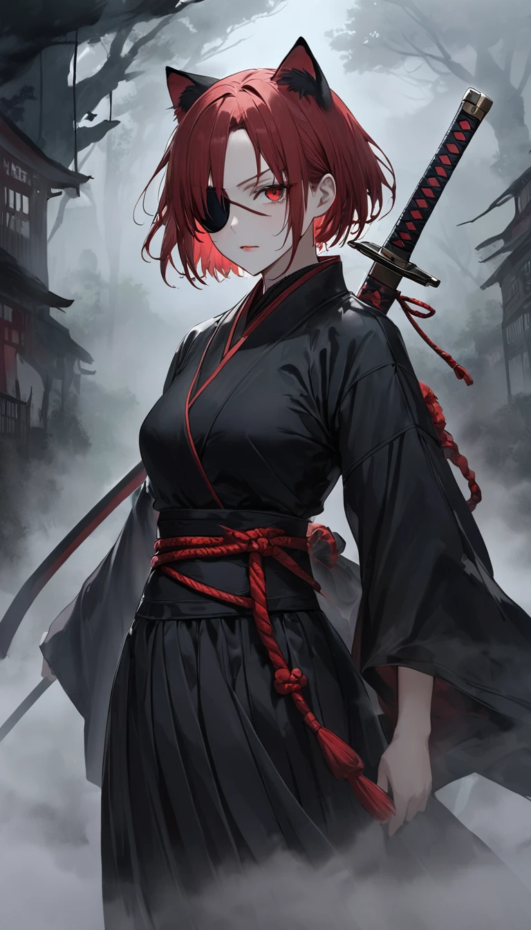 high resolution。Beautiful Face。cowboy shot。forehead。Black eyepatch。A woman in black ronin clothing。Dark Aura。Spooky atmosphere。Black long skirt。Red Short Hair。Cat ear。 A world of thick fog,。Beautiful sword。Red Eyes。Cat's Eye Woman。clothes are blowing in the wind。alone。smile。